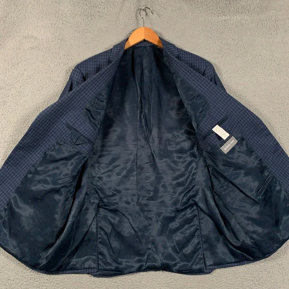 Michael Kors Micro Check Blazer Jacket Mens 46L Blue Two Button Sport Coat Luxe